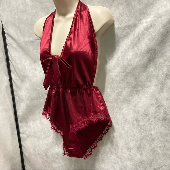 AVID LOVE Silky Satin Lace Halter Teddy Bodysuit One Piece Burgundy Womens Small - Picture 4 of 16